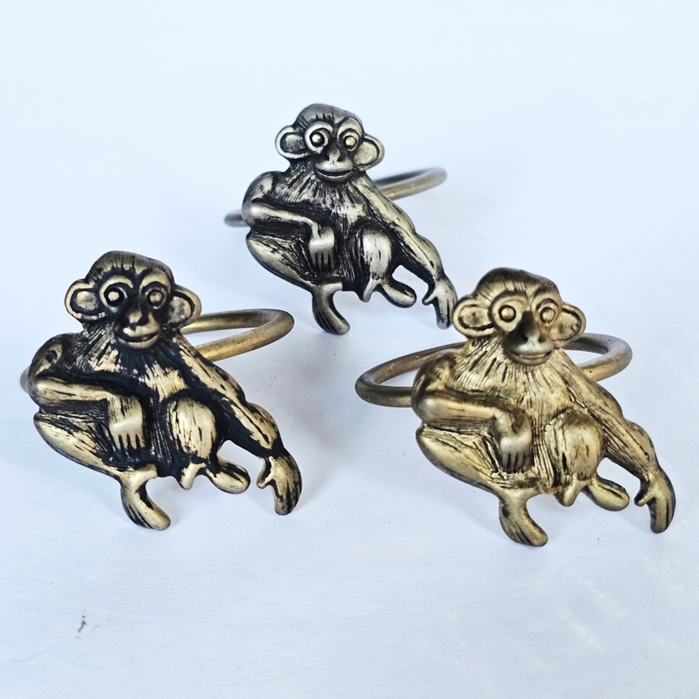 Vintage Monkey Napkin‎ Rings Brass Tone Metal Animal Jungle Decor Set of 3